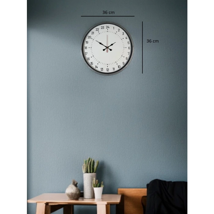 36 Cm Gri 24 Saat Göstergeli Özel Tasarım Duvar Saati