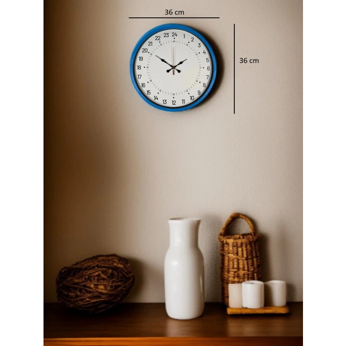 36 Cm Mavi 24 Saat Göstergeli Özel Tasarım Duvar Saati