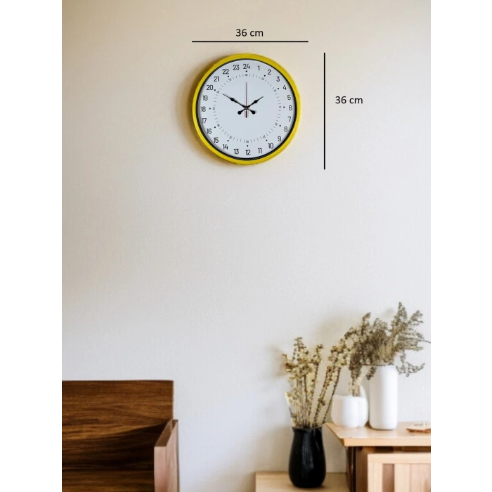 36 Cm Sarı 24 Saat Göstergeli Özel Tasarım Duvar Saati