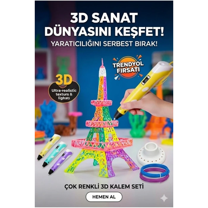 3D Kalem Seti (SARI) Dijital Göstergeli + 3 Renk Filament Hediyeli Eğitici Yazıcı ABS/PLA Uyumlu