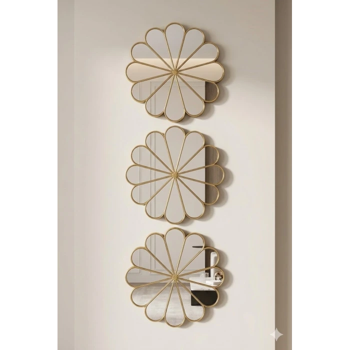 3’lü Gold Güneş Desenli Duvar Aynası Seti 27 cm | Dekoratif Yuvarlak Ayna