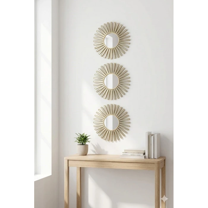 3’lü Gold Güneş Desenli Duvar Aynası Seti 27 cm | Dekoratif Yuvarlak Ayna