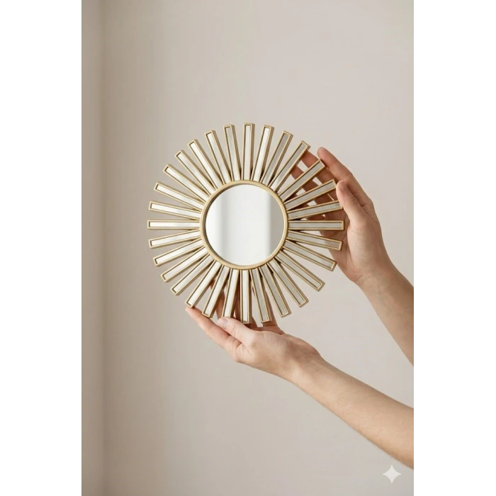 3’lü Gold Güneş Desenli Duvar Aynası Seti 27 cm | Dekoratif Yuvarlak Ayna