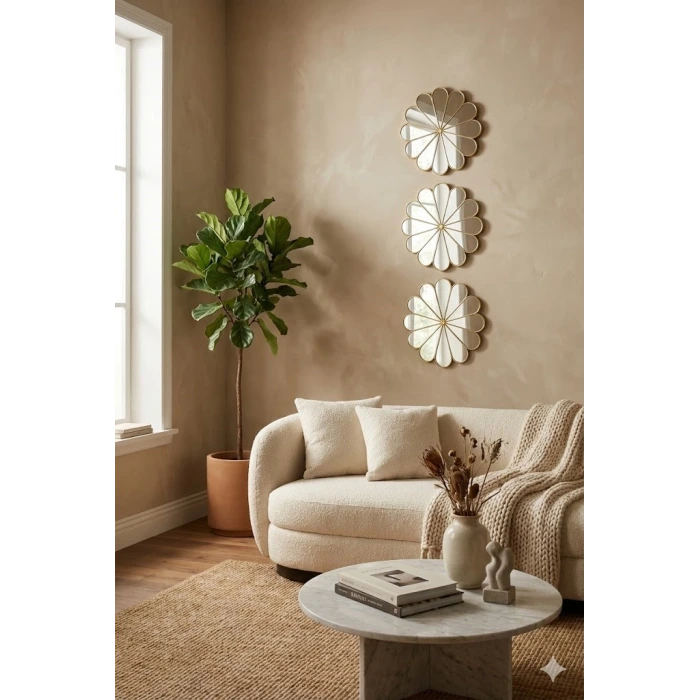 3’lü Gold Güneş Desenli Duvar Aynası Seti 27 cm | Dekoratif Yuvarlak Ayna