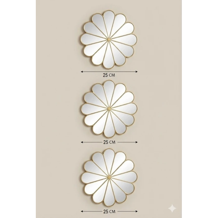 3’lü Gold Güneş Desenli Duvar Aynası Seti 27 cm | Dekoratif Yuvarlak Ayna