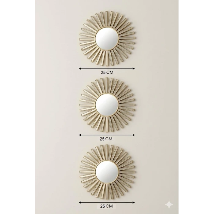 3’lü Gold Güneş Desenli Duvar Aynası Seti 27 cm | Dekoratif Yuvarlak Ayna