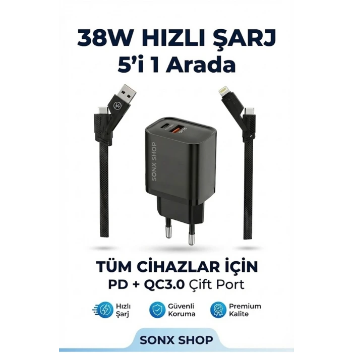 4 in 1 Hızlı Şarj Seti | 38W Çift Portlu Adaptör & Çok Başlıklı Örgü Kablo (Lightning/Type-C/USB)