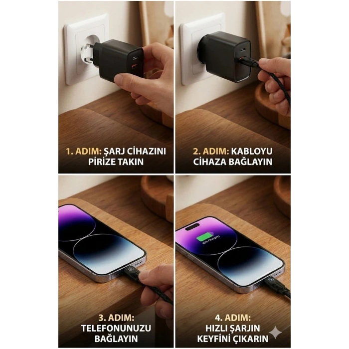 4 in 1 Hızlı Şarj Seti | 38W Çift Portlu Adaptör & Çok Başlıklı Örgü Kablo (Lightning/Type-C/USB)