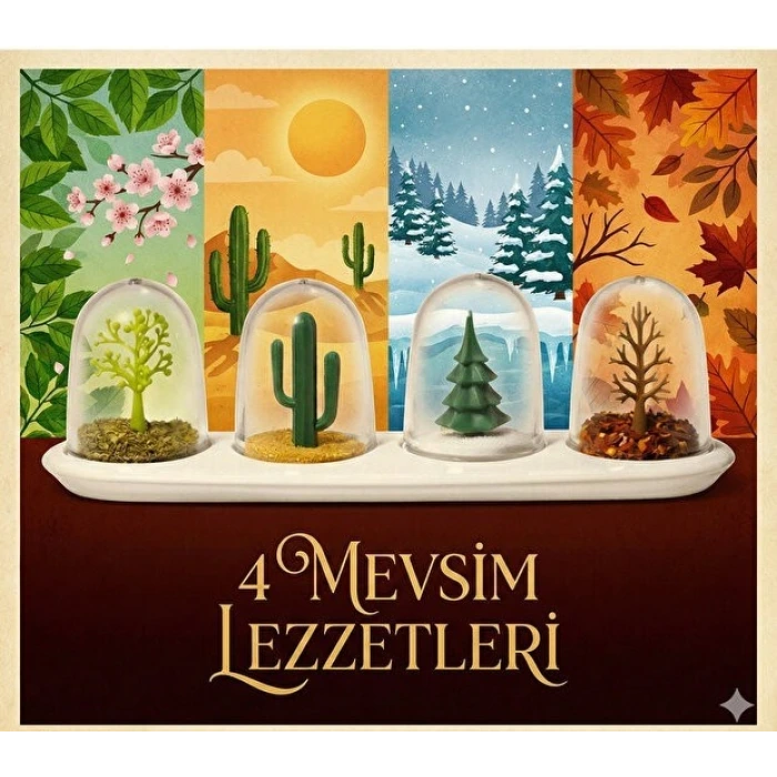 4 Mevsim Temalı Tasarım Baharatlık Seti - Dekoratif Ağaç ve Kaktüs Figürlü Standlı Tuzluk Biberlik