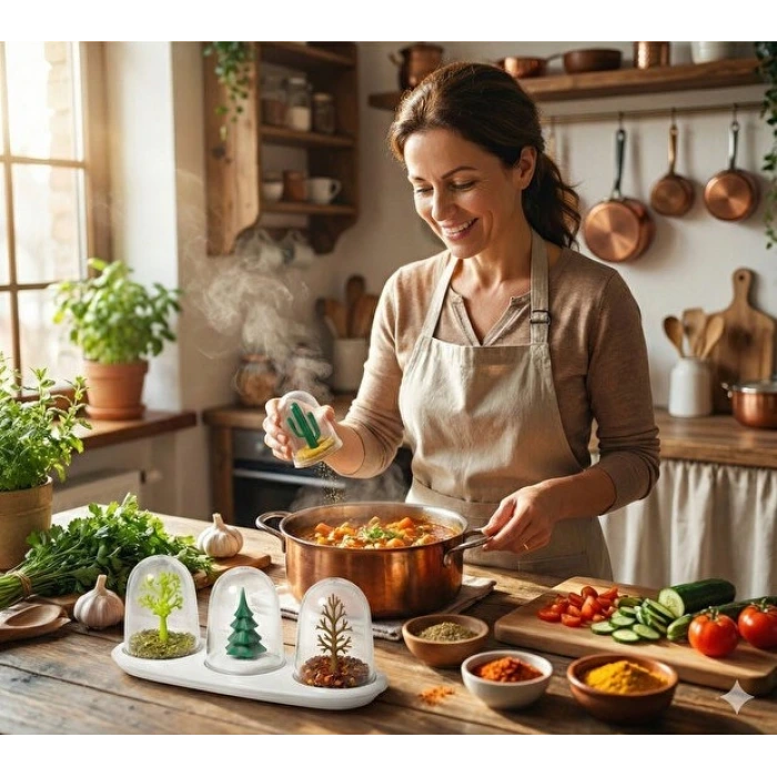 4 Mevsim Temalı Tasarım Baharatlık Seti - Dekoratif Ağaç ve Kaktüs Figürlü Standlı Tuzluk Biberlik