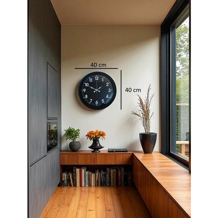 40 cm Siyah Metal Siyah Kadran Duvar Saati