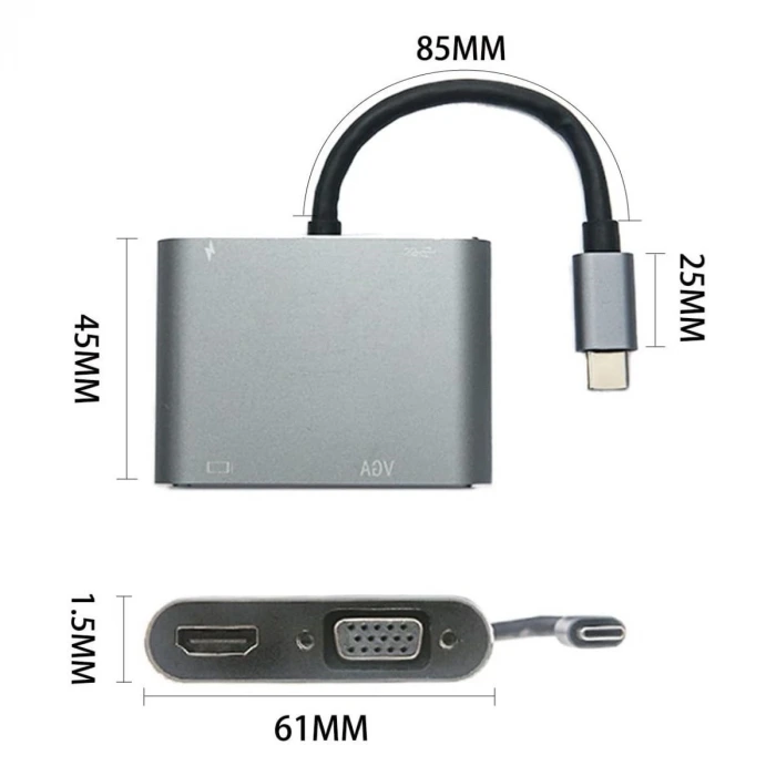 4’ü 1 Arada Type-C to Hub Dönüştürücü Adaptör – 4K Ultra HD HDMI & VGA Görüntü Aktarımı, PD Hızlı Şarj Destekli, USB Çoklayıcı