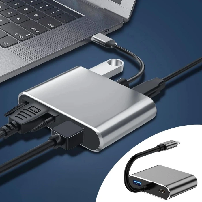 4’ü 1 Arada Type-C to Hub Dönüştürücü Adaptör – 4K Ultra HD HDMI & VGA Görüntü Aktarımı, PD Hızlı Şarj Destekli, USB Çoklayıcı