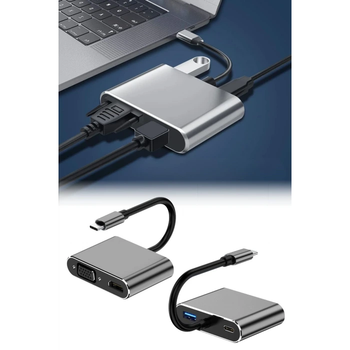 4’ü 1 Arada Type-C to Hub Dönüştürücü Adaptör – 4K Ultra HD HDMI & VGA Görüntü Aktarımı, PD Hızlı Şarj Destekli, USB Çoklayıcı