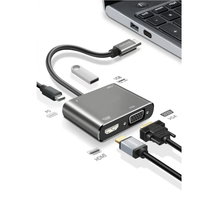 4’ü 1 Arada Type-C to Hub Dönüştürücü Adaptör – 4K Ultra HD HDMI & VGA Görüntü Aktarımı, PD Hızlı Şarj Destekli, USB Çoklayıcı