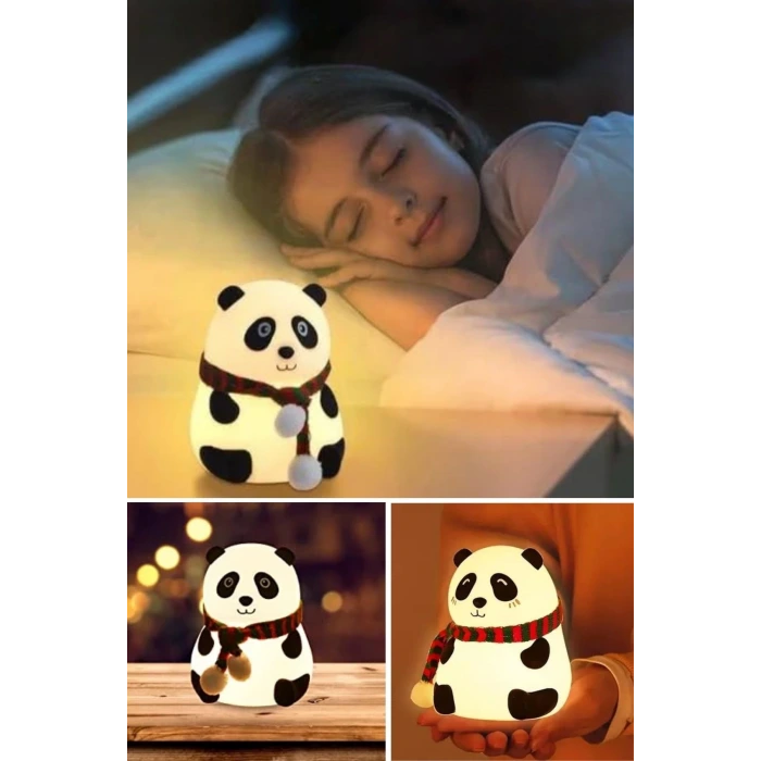 5 Farklı Renk Modlu Panda Figürlü Pofuduk LED Gece Lambası–Yumuşak Dokulu Çocuk Odası ve Dekoratif Şarjlı Ortam Işığı