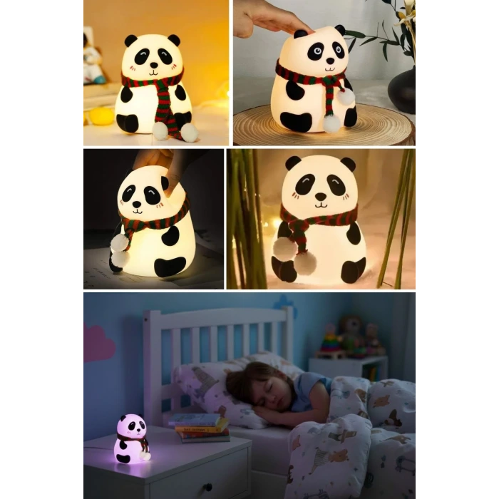 5 Farklı Renk Modlu Panda Figürlü Pofuduk LED Gece Lambası–Yumuşak Dokulu Çocuk Odası ve Dekoratif Şarjlı Ortam Işığı