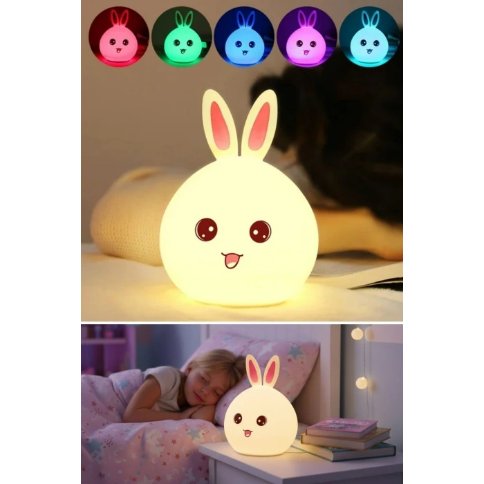 5 Farklı Renk Modlu Tavşan Figürlü Pofuduk LED Gece Lambası–Yumuşak Dokulu Çocuk Odası ve Dekoratif Şarjlı Ortam Işığı