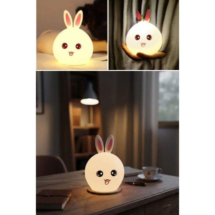 5 Farklı Renk Modlu Tavşan Figürlü Pofuduk LED Gece Lambası–Yumuşak Dokulu Çocuk Odası ve Dekoratif Şarjlı Ortam Işığı