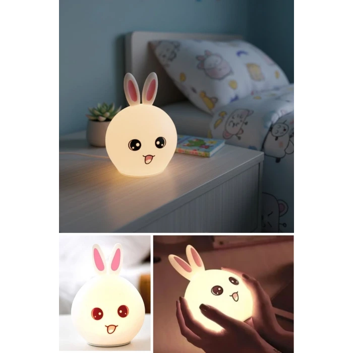 5 Farklı Renk Modlu Tavşan Figürlü Pofuduk LED Gece Lambası–Yumuşak Dokulu Çocuk Odası ve Dekoratif Şarjlı Ortam Işığı