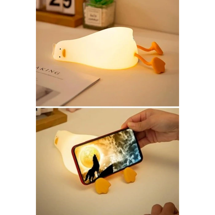 5 Farklı Renk Modlu Tembel Ördek Figürlü Pofuduk LED Gece Lambası–Yumuşak Dokulu Çocuk Odası ve Dekoratif Şarjlı Ortam Işığı