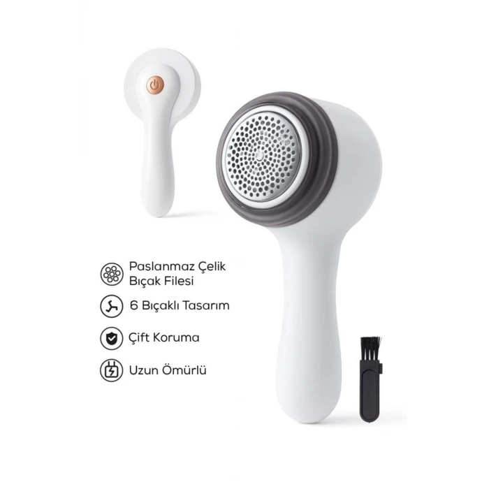 6 Bıçaklı Şarjlı Tüy Ve Tiftik Temizleme Makinesi Beyaz Yuvarlak Tasarım YEDEK BIÇAKLI