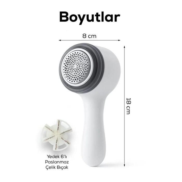 6 Bıçaklı Şarjlı Tüy Ve Tiftik Temizleme Makinesi Beyaz Yuvarlak Tasarım YEDEK BIÇAKLI