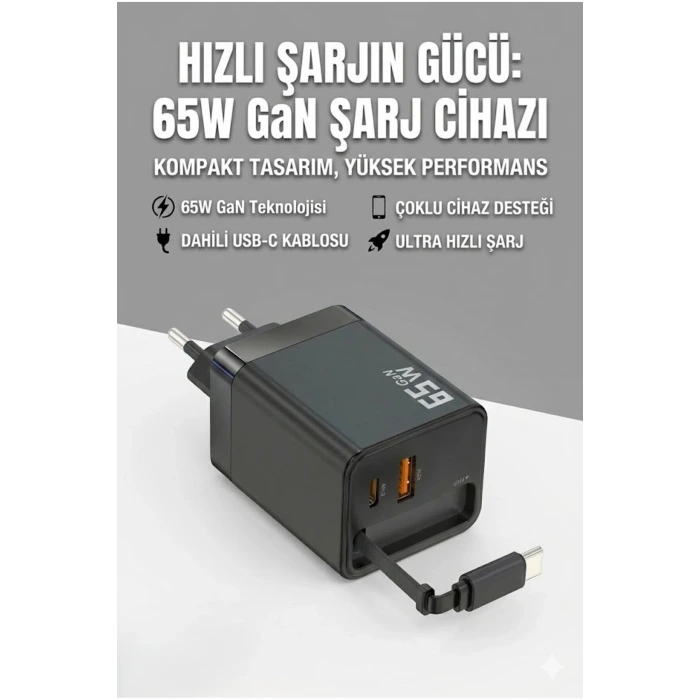 65W Süper Hızlı Şarj Cihazı | Dahili Type-C Kablo | USB-C & USB-A Çıkış | Çoklu Cihaz Desteği