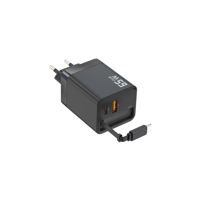 65W Süper Hızlı Şarj Cihazı | Dahili Type-C Kablo | USB-C & USB-A Çıkış | Çoklu Cihaz Desteği