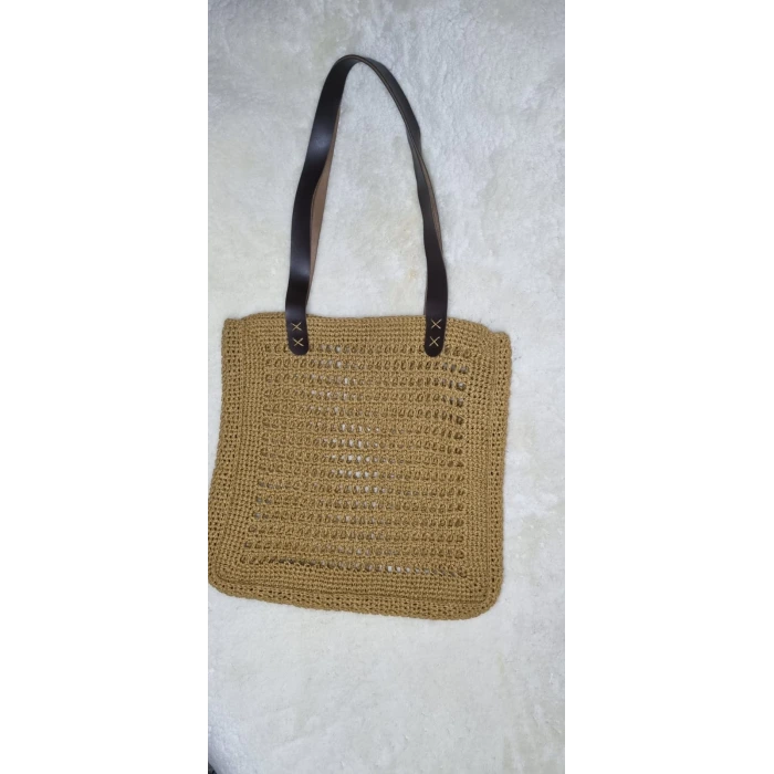 El Yapımı Sarı Örgü Kadın Çantası – Siyah Deri Saplı – İpekyıldızı