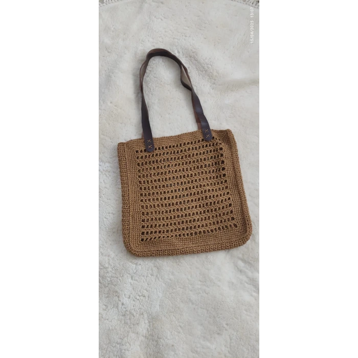 El Yapımı Sarı Örgü Kadın Çantası – Siyah Deri Saplı – İpekyıldızı