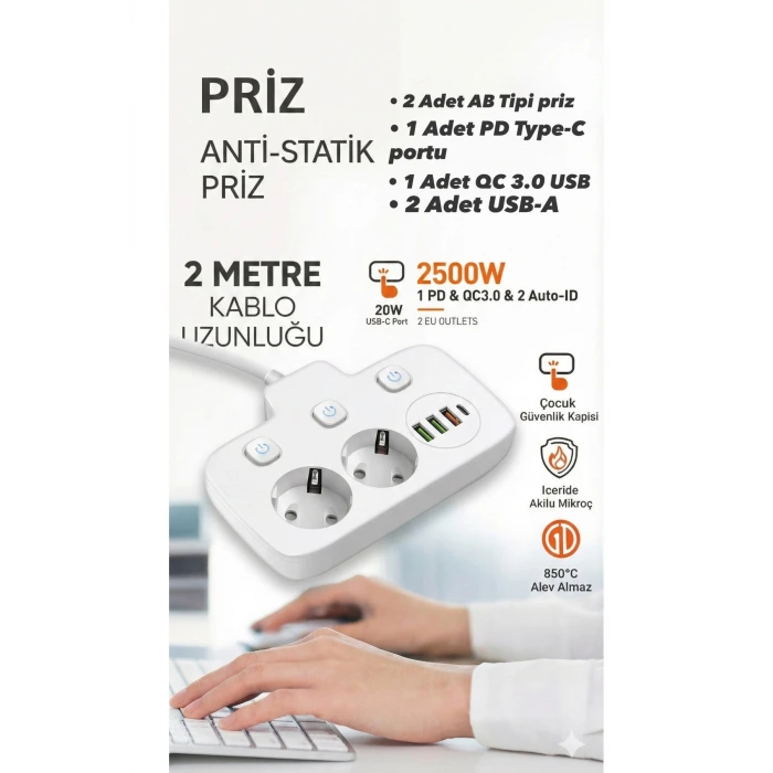 Akım Korumalı 2500W Güçlü 3 USB + Type-C Portlu Çoklu Priz | Hızlı Şarj, Çocuk Kilidi, 2 METRE