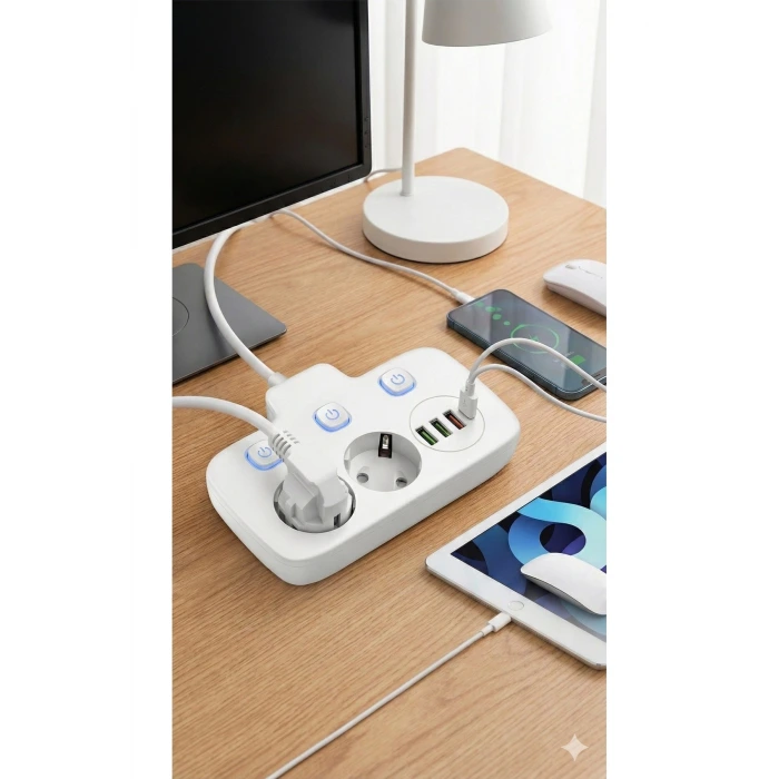 Akım Korumalı 2500W Güçlü 3 USB + Type-C Portlu Çoklu Priz | Hızlı Şarj, Çocuk Kilidi, 2 METRE
