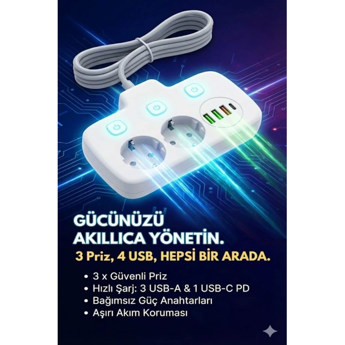 Akım Korumalı 2500W Güçlü 3 USB + Type-C Portlu Çoklu Priz | Hızlı Şarj, Çocuk Kilidi, 2 METRE
