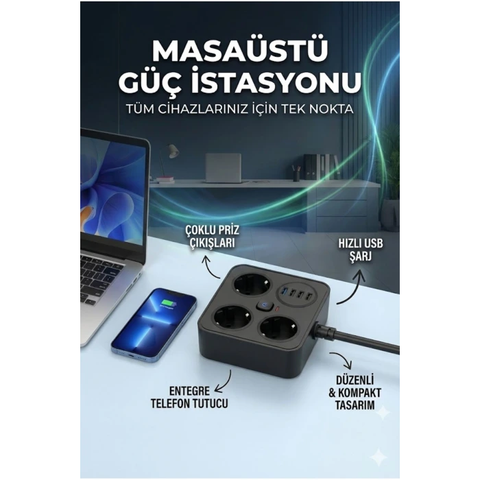 AKIM KORUMALI Avrupa Soket Kartı Tip-C Usb 2 m Uzatma Kablosu Emniyet Anahtarı ile