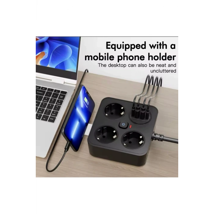 AKIM KORUMALI Avrupa Soket Kartı Tip-C Usb 2 m Uzatma Kablosu Emniyet Anahtarı ile