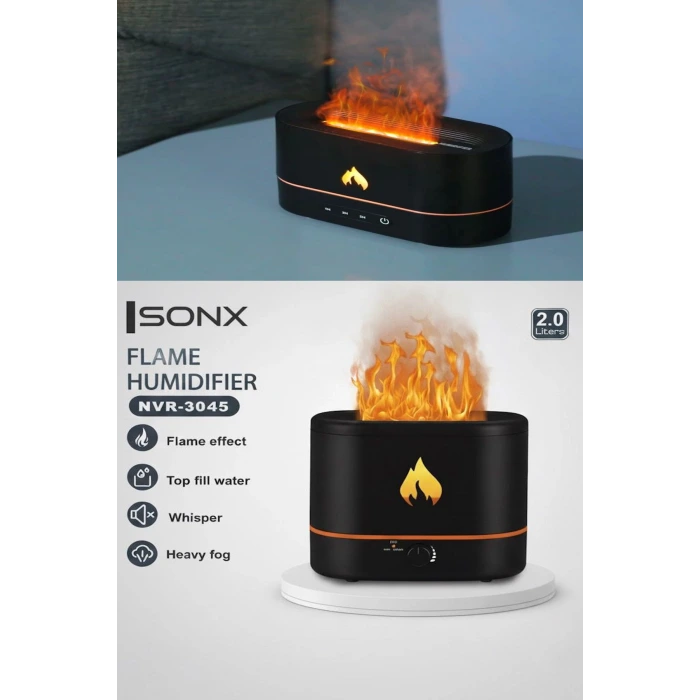 Alev Efektli Ultrasonik Hava Nemlendirici – Sessiz, Otomatik Kapanma, LED Işıklı Aroma Difüzör