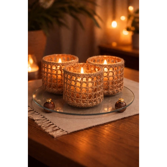 Amber Glow Hasır Mumluk Set