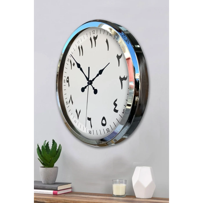 Arapça Rakamlı Krom 52 Cm Metal Duvar Saati