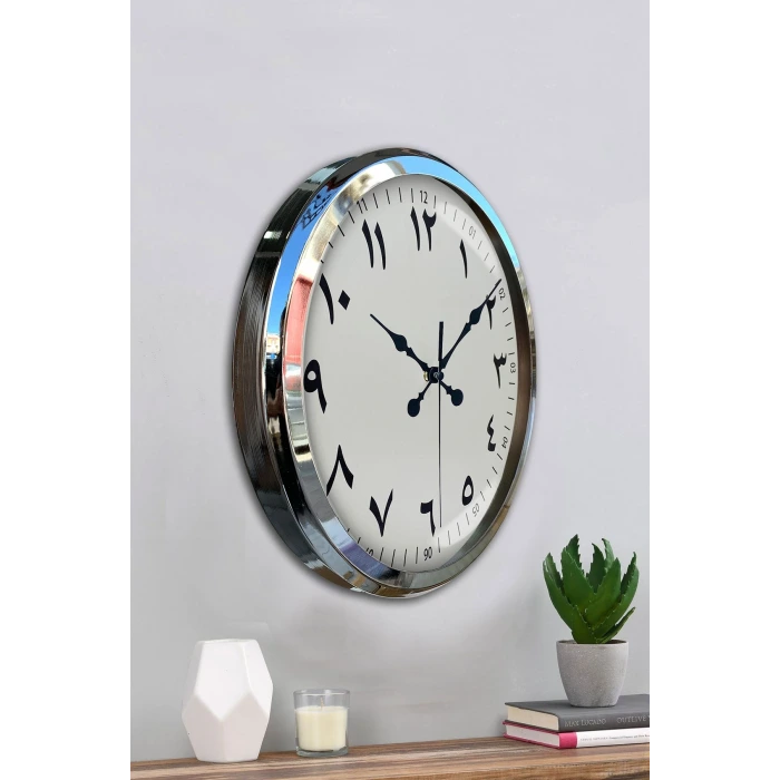 Arapça Rakamlı Krom 52 Cm Metal Duvar Saati
