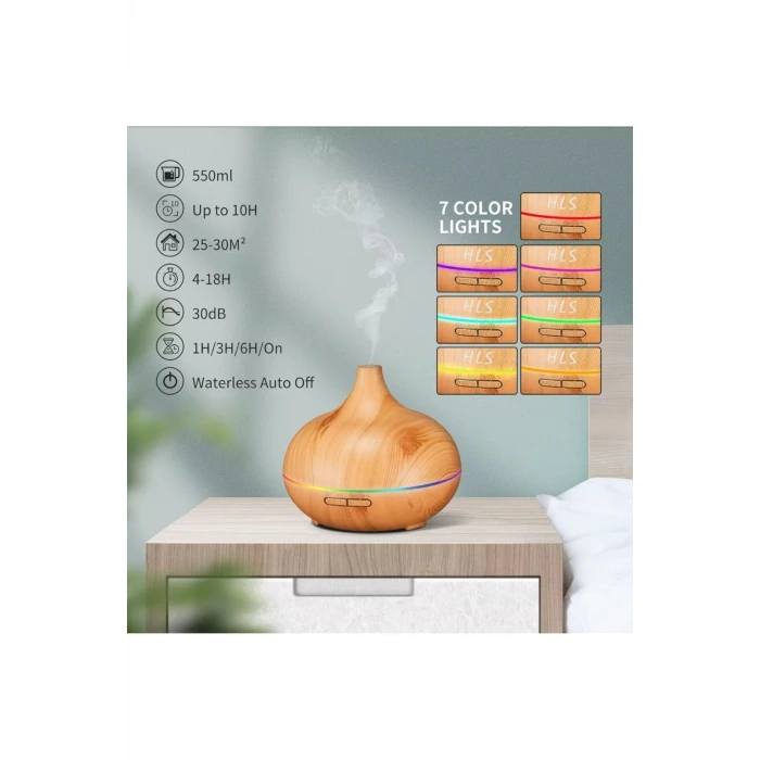 Aroma Difüzör Gece Işığı 7 Led Nemlendirici Kumandalı 550 ml Buhar Makinesi