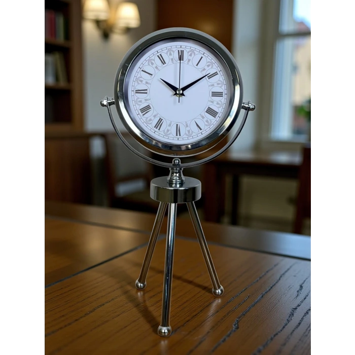 Asalet Krom Üç Ayaklı Metal Masa Saati