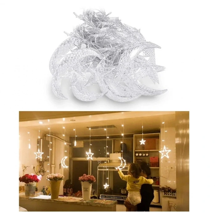 Ay ve Yıldız Figürlü Kumandalı 12 Sarkıtlı 120 LED Dekor Işık – Dekoratif Ortam ve Masaüstü Aydınlatması