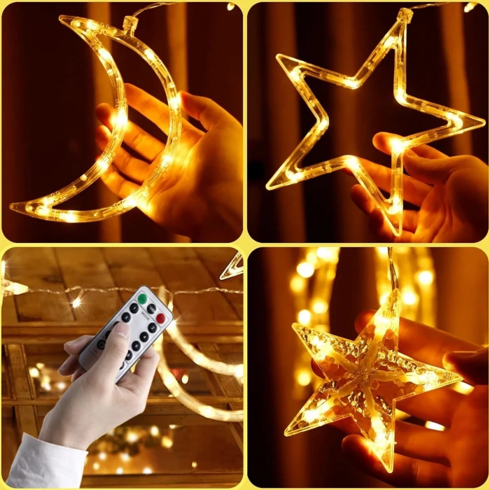Ay ve Yıldız Figürlü Kumandalı 12 Sarkıtlı 120 LED Dekor Işık – Dekoratif Ortam ve Masaüstü Aydınlatması