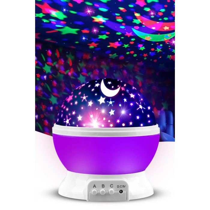 Ay Ve Yıldızlı Gökyüzü Yansıtmalı Dönen Projeksiyon Gece Lambası- Çocuk Bebek Odası Mor