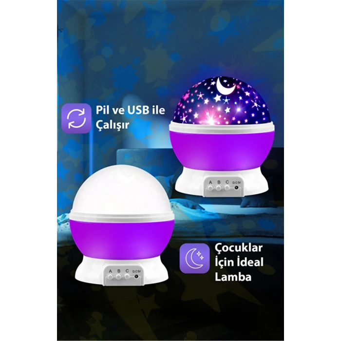 Ay Ve Yıldızlı Gökyüzü Yansıtmalı Dönen Projeksiyon Gece Lambası- Çocuk Bebek Odası Mor