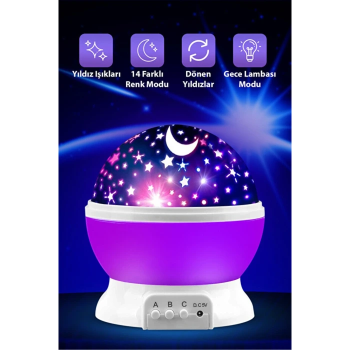 Ay Ve Yıldızlı Gökyüzü Yansıtmalı Dönen Projeksiyon Gece Lambası- Çocuk Bebek Odası Mor