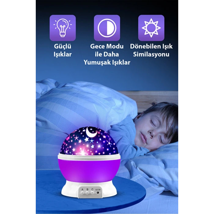 Ay Ve Yıldızlı Gökyüzü Yansıtmalı Dönen Projeksiyon Gece Lambası- Çocuk Bebek Odası Mor