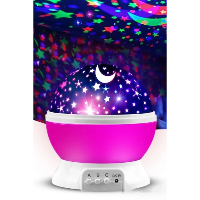 Ay ve Yıldızlı Gökyüzü Yansıtmalı Dönen Projeksiyon Gece Lambası- Çocuk Bebek Odası Pembe