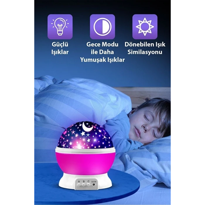 Ay ve Yıldızlı Gökyüzü Yansıtmalı Dönen Projeksiyon Gece Lambası- Çocuk Bebek Odası Pembe